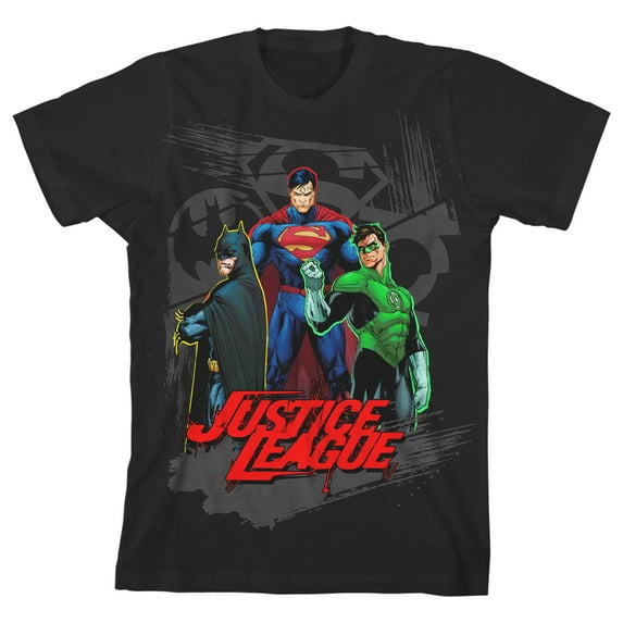 Justice League Superhero Trio and Logo Background Boy's Black T-shirt-Medium