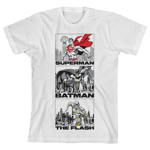 Justice League Superman Batman Flash City Line Art Boy's White T-Shirt-XS