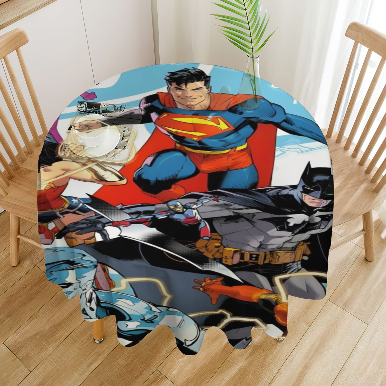 Justice League Unlimited square tablecloth has an iconic print, fits most tables, and is easy to care for.diameter152cm/60in.