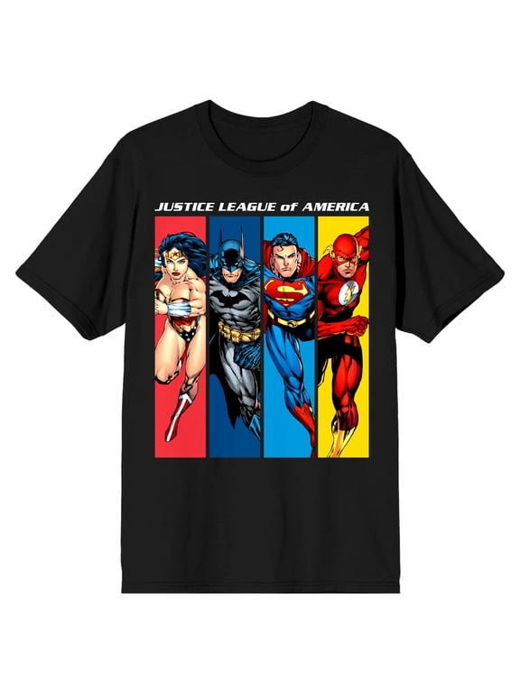 Justice League Wonder Woman, Batman, Superman, Flash Portrait Men's Black T-Shirt-4XL