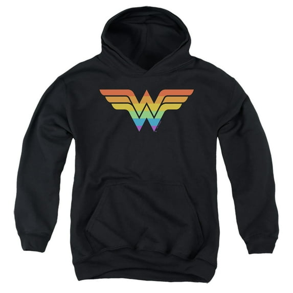 Justice League Wonder Woman Rainbow Kids Pull-Over Hoodie (X-Large) for Youth Boys and Girls, Black