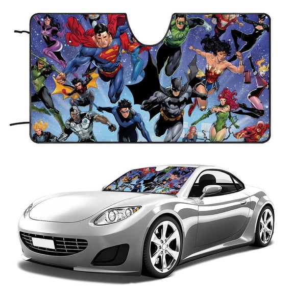 Justice League-theme Windshield Sun Shade Front Protector Folding Car Sun Visor Blocks Uv Rays Keeps Your Vehicle Cool56in*30in(140*76cm)