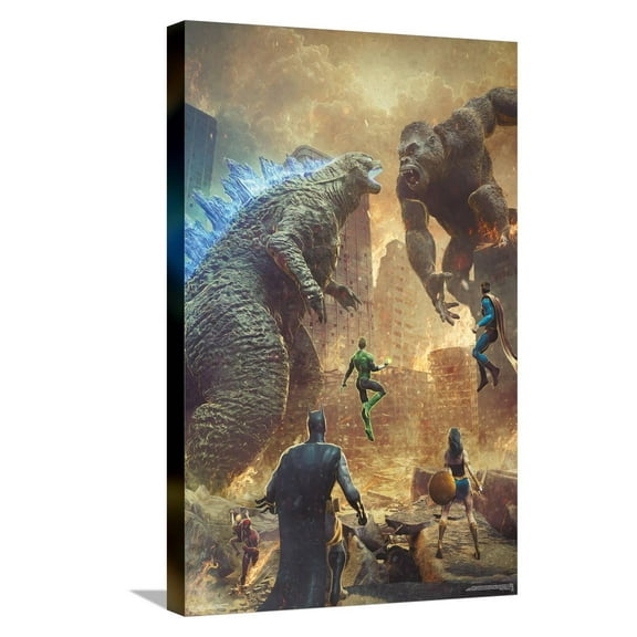 Justice League vs. Godzilla vs. Kong - Street Battle Canvas Wall Poster, 14.725" x 22.375"