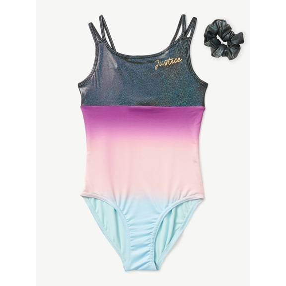 Justice Little Girls Purple Comfort Fit Full Coverage Leotard with Hair Scrunchie, Extra Large