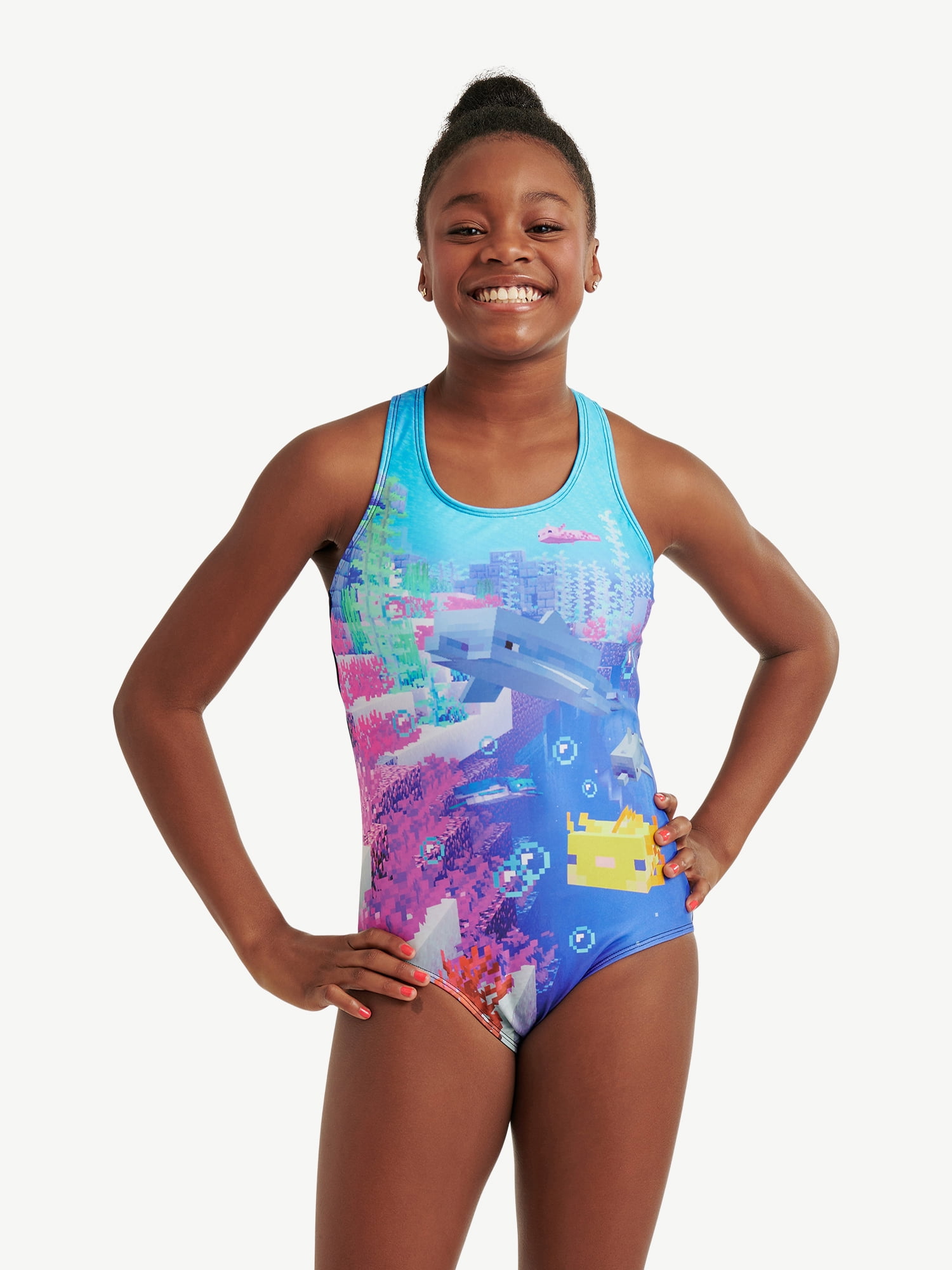 Justice Minecraft Logo Cross Strap One Piece Swimsuit Girls Walmart