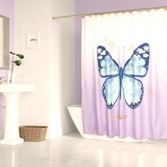 Justice Purple Butterfly Ombre Polyester Shower Curtain and Hooks Set, Microfiber
