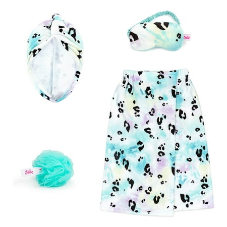 Justice Rainbow Cheetah 4-Piece Spa Set with Bath Towel Wrap, Eye Mask and Loofah, Blue