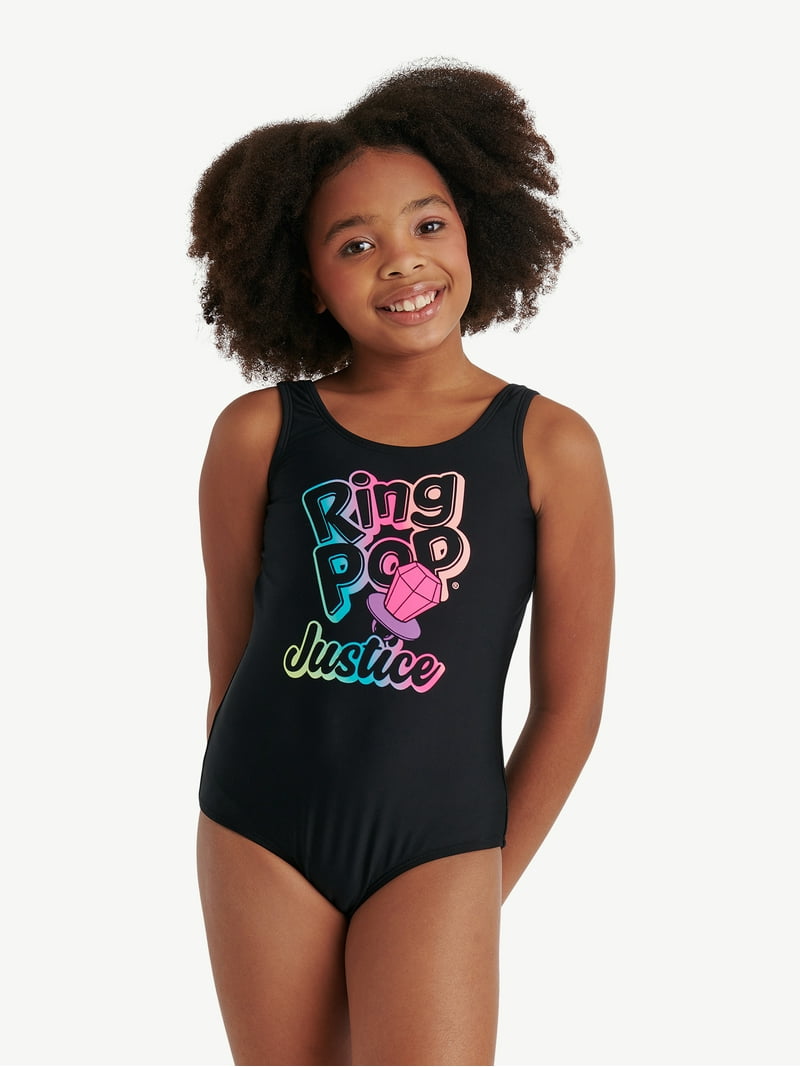 Justice Ring Pop Logo Girls Cross Strap One-Piece Swimsuit, Sizes