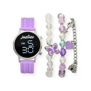 Justice Unisex 4pc Watch with Silicone Strap and Bracelet Set in Lavender with Matching Charm Bracelets