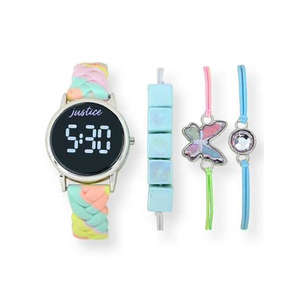 Justice Unisex 4pc Watch Set with Matching Braided Strap and Butterfly