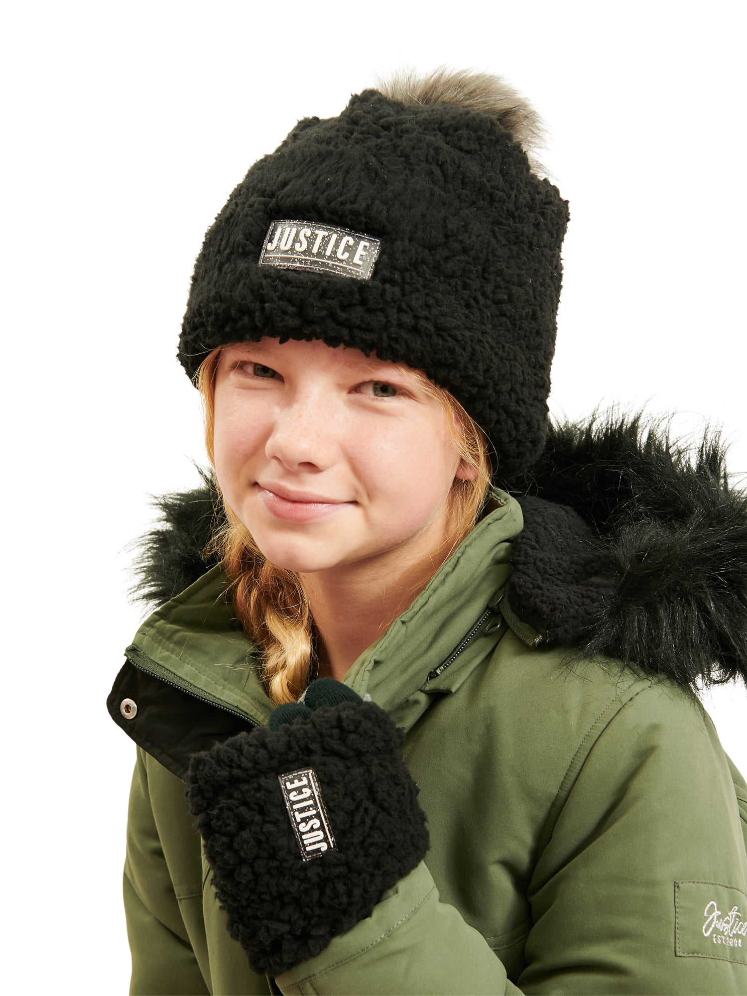 Justice by Justice Girls' Cozy Polyester Faux Sherpa Gloves, Black