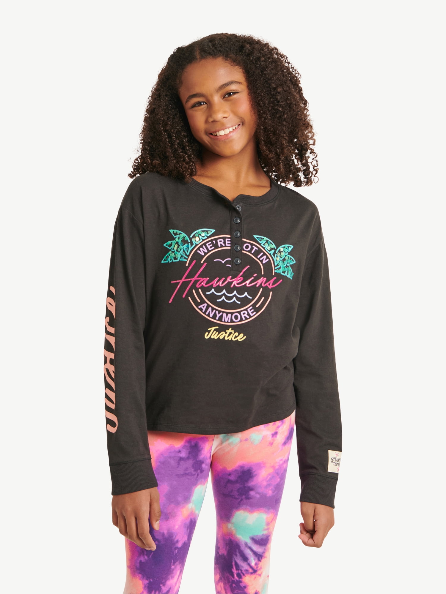 Justice x Stranger Things Girls Long Sleeve Henley Graphic TShirt