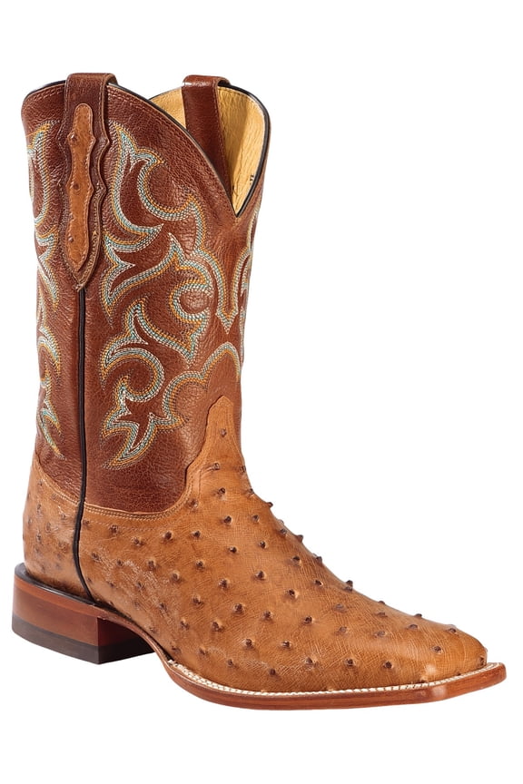 Men's Waxy Full Quill Ostrich Western Boot Broad Square Toe Cognac 13 EE US