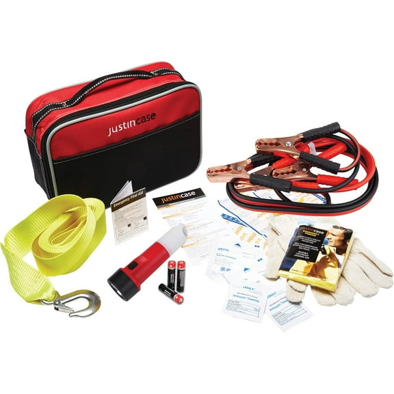 Justin Case Travel Pro Emergency Roadside Kit - Compact Car Safety Set with Jumper Cables, Tow Strap, Flashlight, Gloves, First Aid Kit & 1-Year Free Roadside Assistance