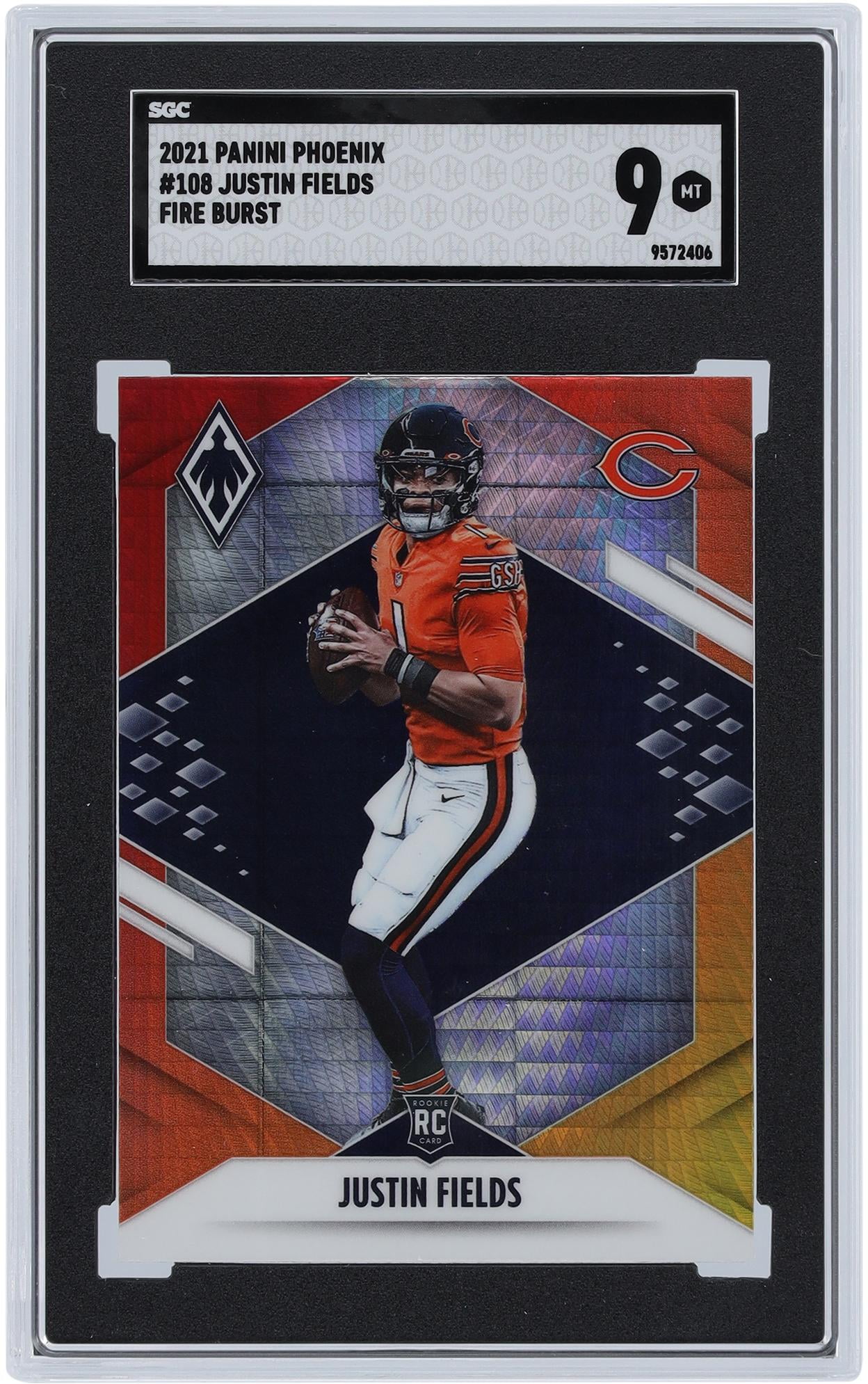Justin Fields Chicago Bears 2021 Panini Phoenix Fire Burst #108 SGC Authenticated 9 Rookie Card