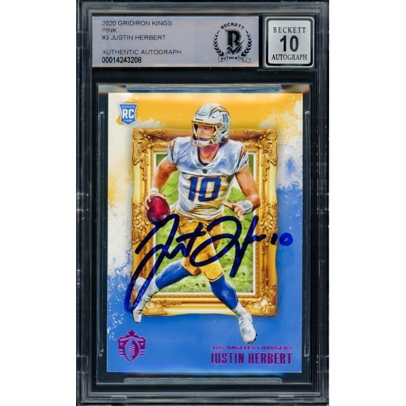 Justin Herbert Autographed 2020 Panini Chronicles Gridiron Kings Pink Rookie Card #GK-3 Los Angeles Chargers Auto Grade Gem Mint 10 Beckett BAS #14243208