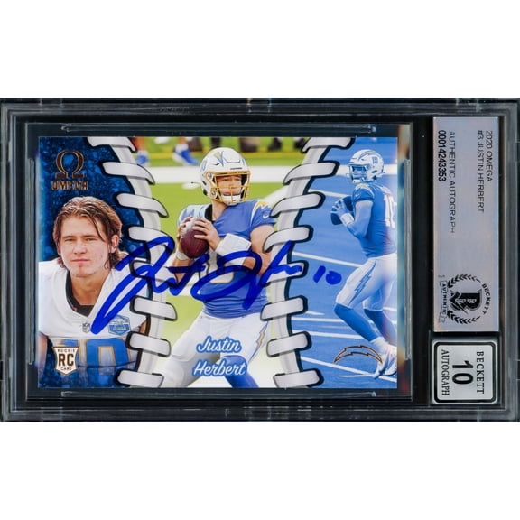 Justin Herbert Autographed 2020 Panini Chronicles Omega Rookie Card #O-3 Los Angeles Chargers Auto Grade Gem Mint 10 Beckett BAS #14243353