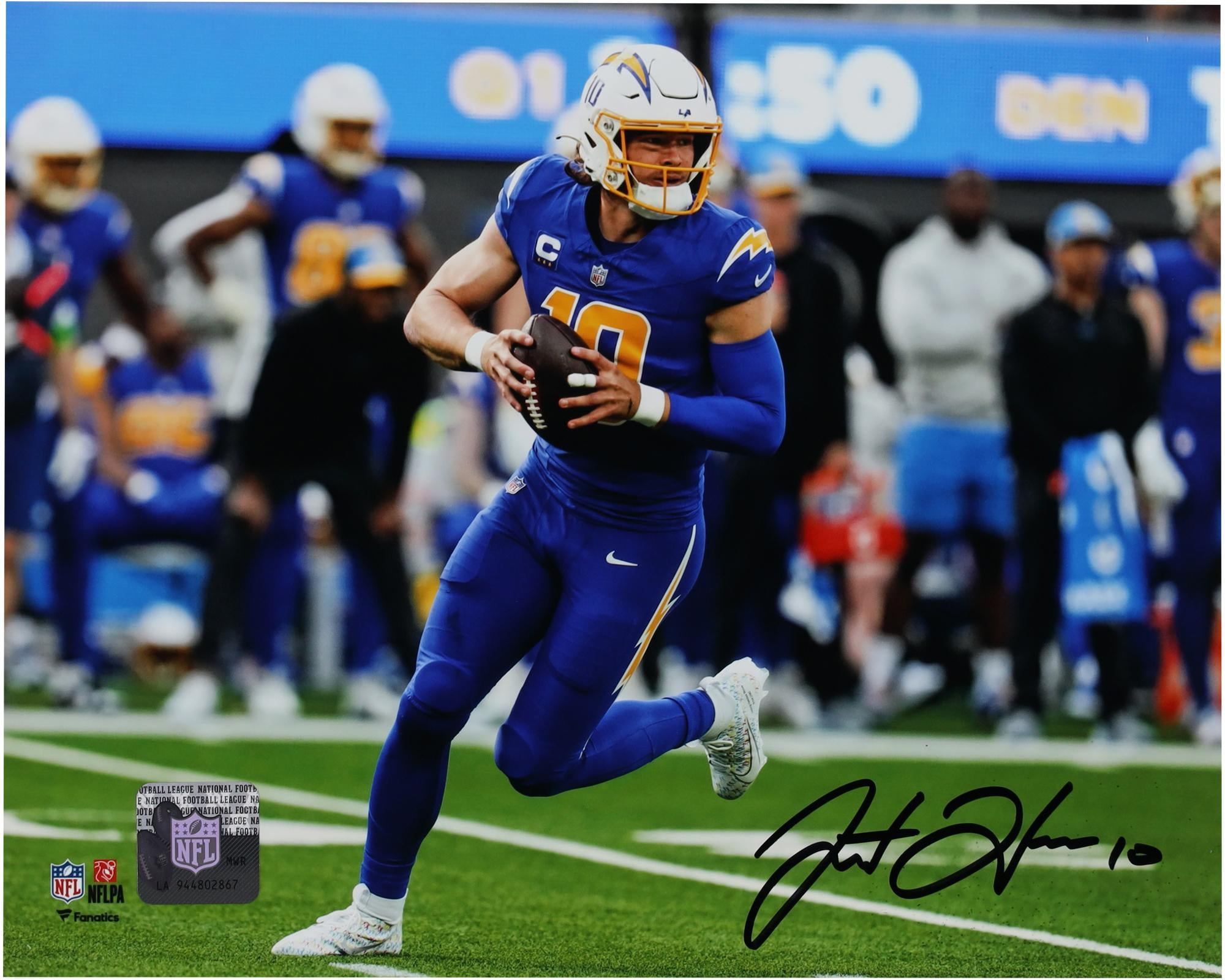 Justin Herbert Los Angeles Chargers Auto graphed 8" x 10" Royal Jersey Scrambling Photograph - Fanatics Authentic Certified
