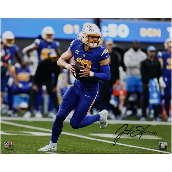 Justin Herbert Los Angeles Chargers Autographed 16" x 20" Royal Jersey Scrambling Photograph - Fanatics Authentic Certified