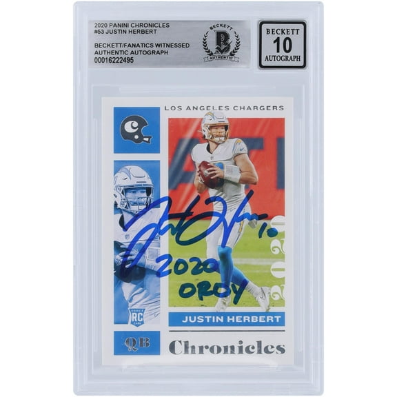 Justin Herbert Los Angeles Chargers Autographed 2020 Panini Chronicles #53 Beckett Fanatics Witnessed Authenticated 10 Rookie Card with "2020 OROY" Inscription - Fanatics Authentic Certified