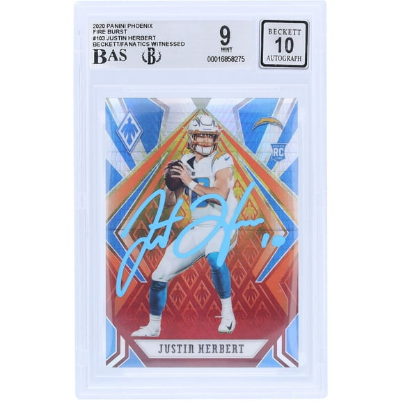 Justin Herbert Los Angeles Chargers Autographed 2020 Panini Phoenix Fire Burst Light Blue Ink #103 Beckett Fanatics Witnessed Authenticated 9/10 Rookie Card - Fanatics Authentic Certified