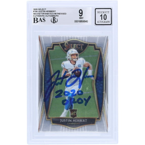 Justin Herbert Los Angeles Chargers Autographed 2020 Panini Select #144 Beckett Fanatics Witnessed Authenticated 9/10 Rookie Card with "2020 OROY" Inscription - Fanatics Authentic Certified