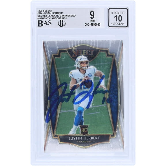 Justin Herbert Los Angeles Chargers Autographed 2020 Panini Select #144 Beckett Fanatics Witnessed Authenticated 9/10 Rookie Card - Fanatics Authentic Certified