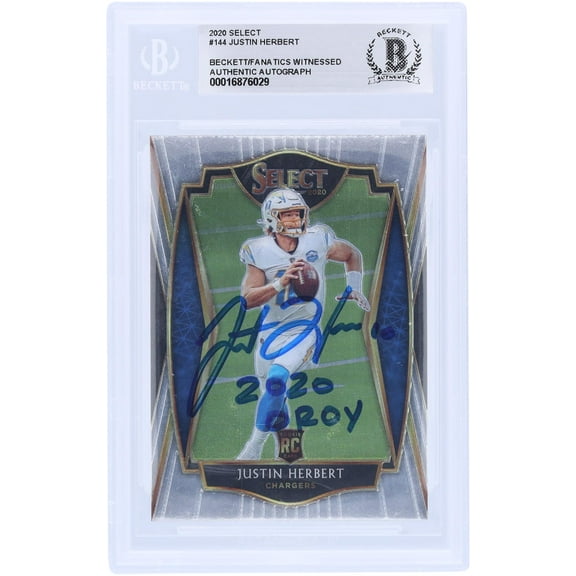 Justin Herbert Los Angeles Chargers Autographed 2020 Panini Select #144 Beckett Fanatics Witnessed Authenticated Rookie Card with "2020 OROY" Inscription - Fanatics Authentic Certified