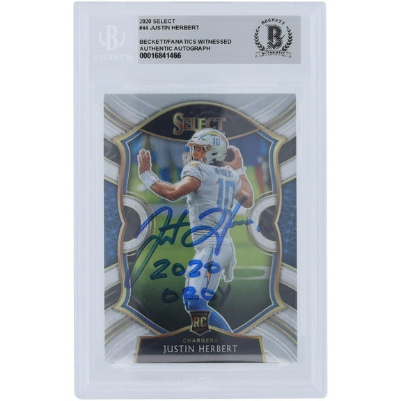 Justin Herbert Los Angeles Chargers Autographed 2020 Panini Select #44 Beckett Fanatics Witnessed Authenticated Rookie Card with "2020 OROY" Inscription - Fanatics Authentic Certified