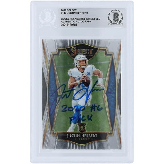 Justin Herbert Los Angeles Chargers Autographed 2020 Panini Select Premier Level #144 Beckett Fanatics Witnessed Authenticated Rookie Card with "2020 #6 PICK" Inscription - Fanatics Authentic