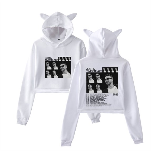 Justin Timberlake Tour 2025 Short Hoodies Casual Pullover Unique Cat Ear Sweatshirts
