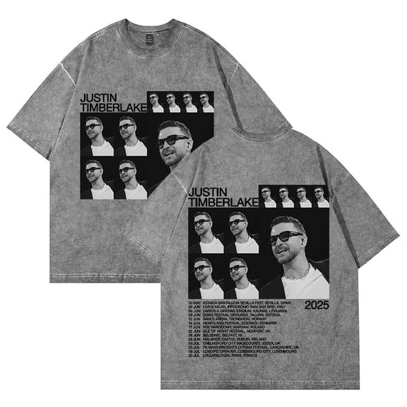 Justin Timberlake Tour 2025 Washed Cotton Tshirt Fashion Short Sleeve Hip Hop Tees