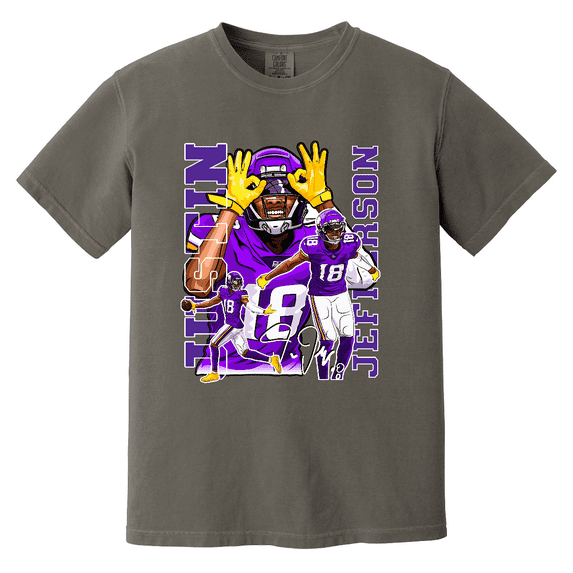 Justin jefferson vikings football graphic fan player id comfort colors t-shirt, for men & women, up to size 4XL