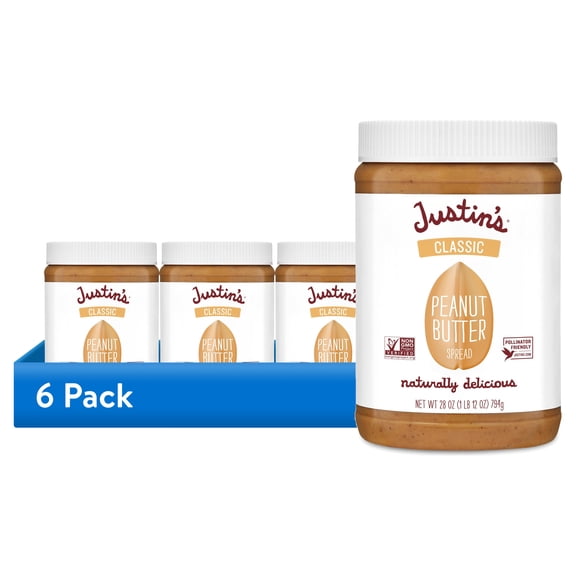 (6 pack) Justin's Classic Peanut Butter Spread, 28 oz Jar