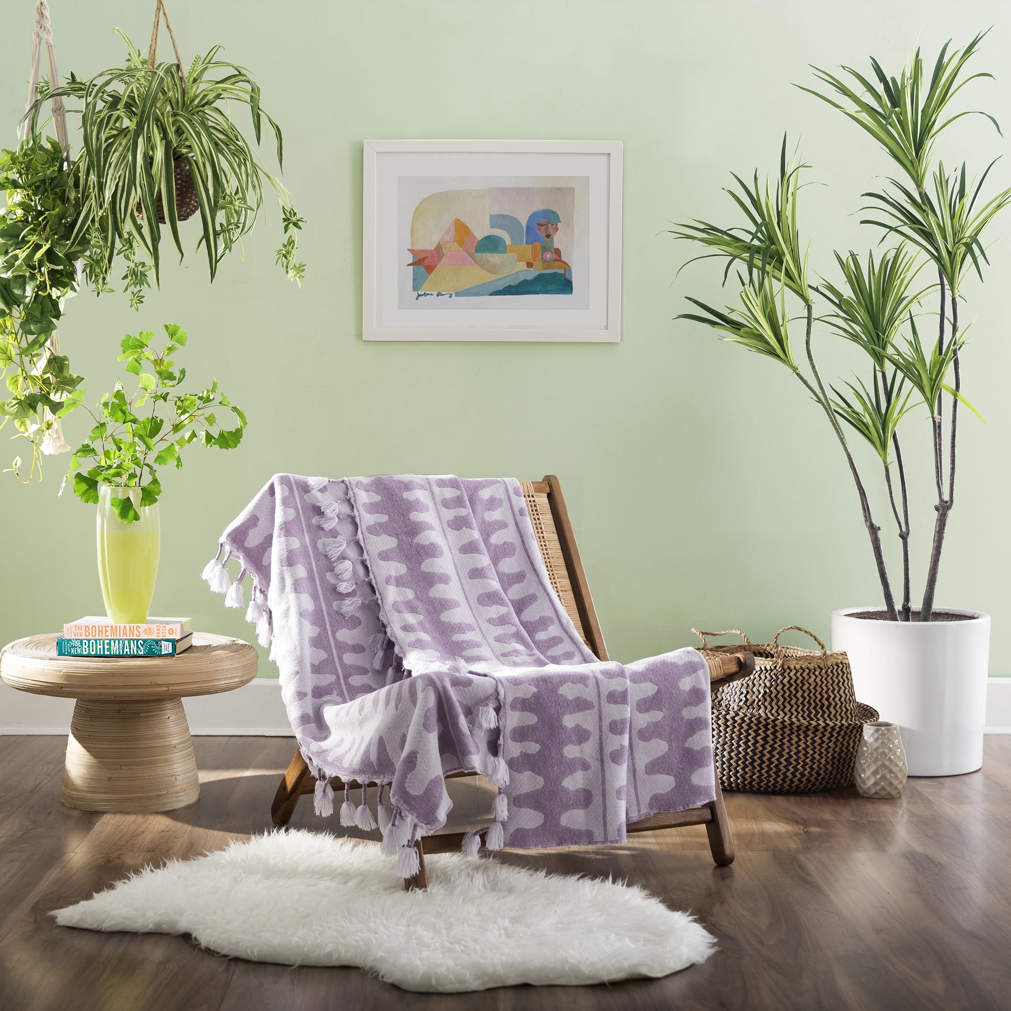 Mid-Century Modern Geometric Purple Throw with Tassel Trim