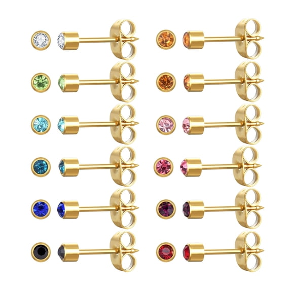Justjandm Ear Piercing Stud Earrings, Multicolor Cubic Zirconia Earrings, 12 Pairs, 316L Stainless Steel