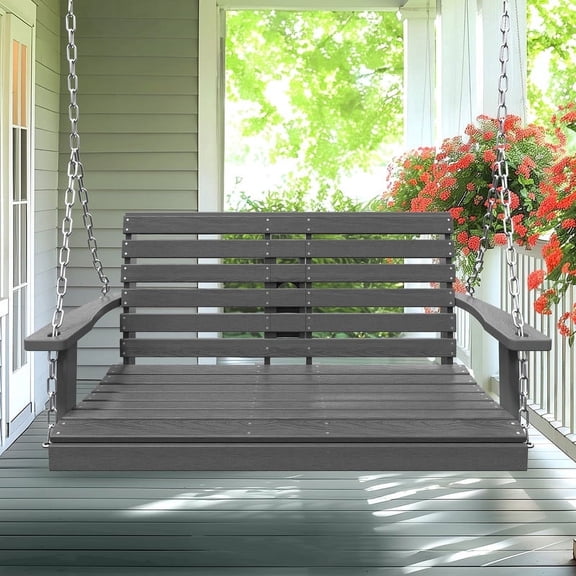 LOYALICE 2 Person Outdoor HDPE Hanging Porch Swing Bench Chair with Cup Holder, Gray