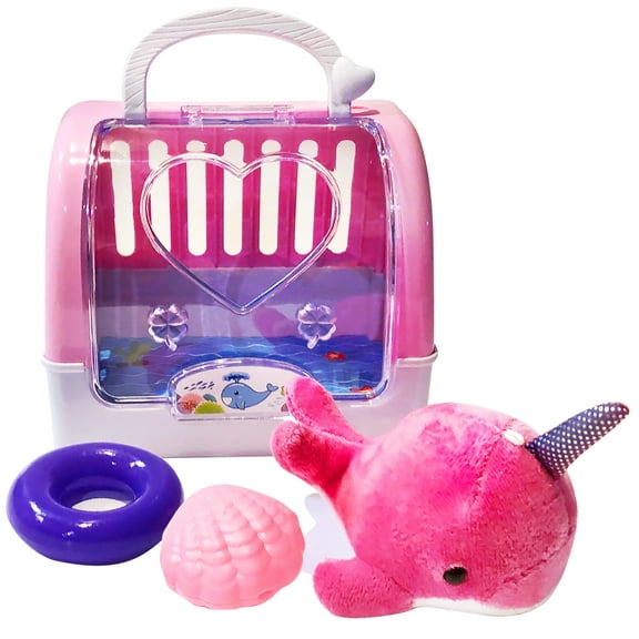 Justoyz Narwhal Stuffed Animal Plush with Carry Case Playset - Ages 3 and Up - Pink, Blue, Fuchsia