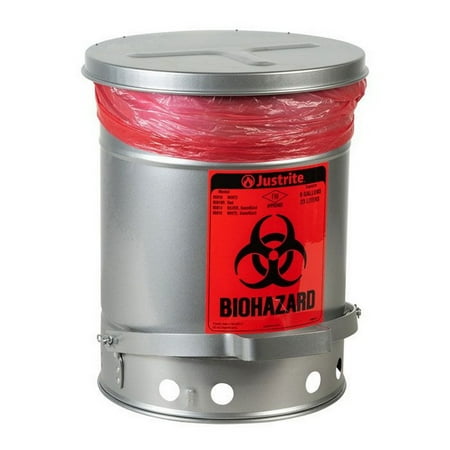 Justrite 05914 6 Gallon Steel Biohazard Waste Can, Foot-Operated, Self-closing SoundGard™ Cover, Silver - 05914