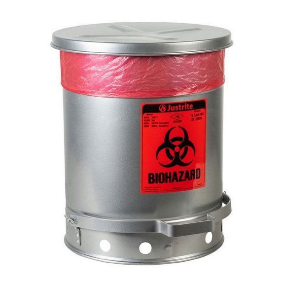 Justrite 05934 10 Gallon Steel Biohazard Waste Can, Foot-operated, Self-closing, SoundGard Cover, Silver - 05934