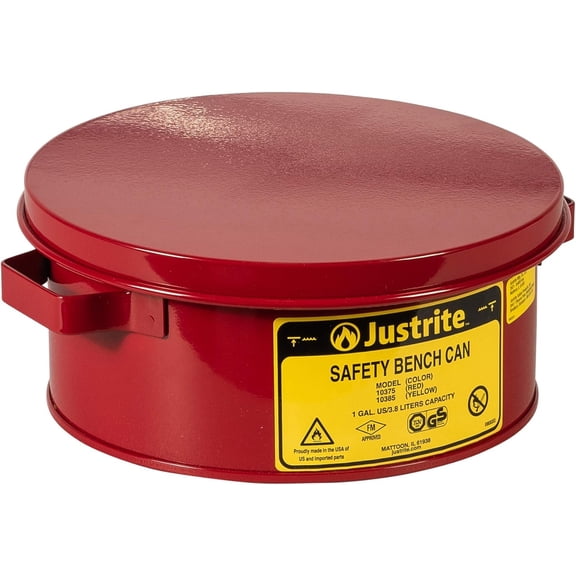 Justrite 10375 1 Gallon, 4 1/2" H, 9 3/8" O.D, 7 1/2" Diameter, Steel Red Safety Bench Can