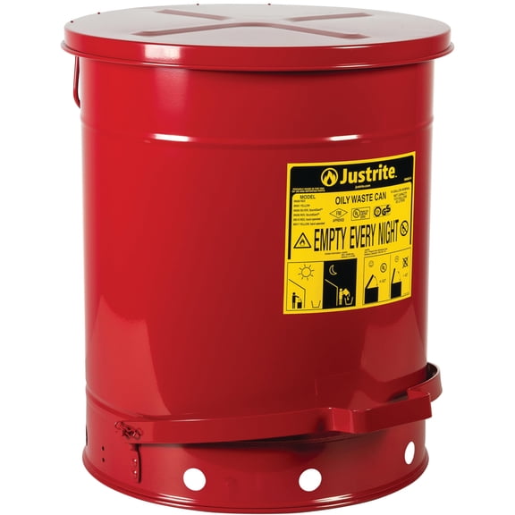 Justrite 14 Gallon Galvanized Steel Oily Waste Can, 20" x 16" Metal Oil Rag Safety Can with Foot Operated Self-Closing Lid for Oil Rag Disposal, Made in The USA, Red, 09500 CA3