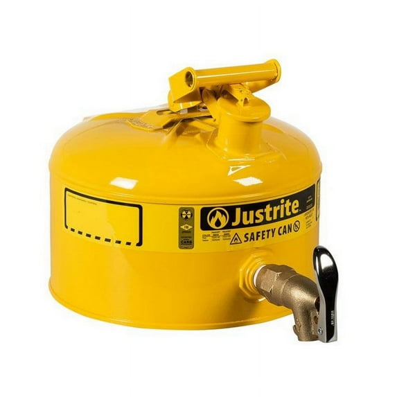 Justrite 7225250 2.5 Gallon Steel Safety Can for Laboratories, Type I, Rigid Bottom Brass Faucet, Yellow - 7225250