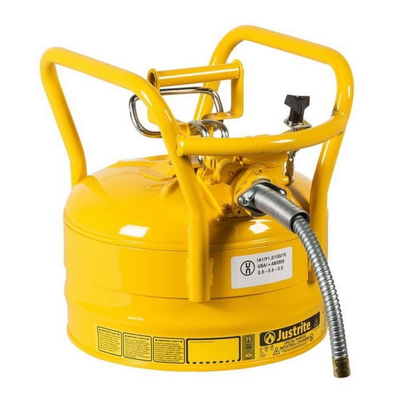 Justrite 7325220 2.5 Gallon, 5/8" Metal Hose, Roll Bars, DOT Transport Steel Safety Can for Diesel, Type II, Accuflow, Yellow - 7325220