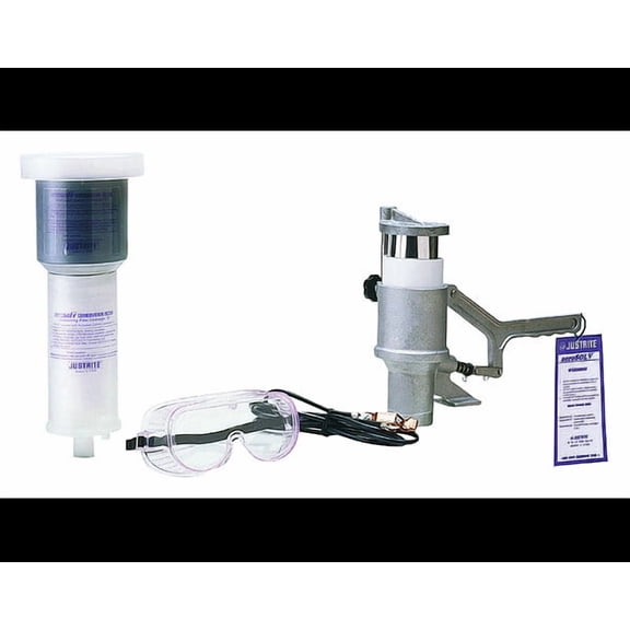 Justrite Aerosolv Aluminum Aerosol Can Disposal System With Puncturing Unit Plastic Sleeve, Anti-Static Wire, Goggles And Color Changing Coalescing