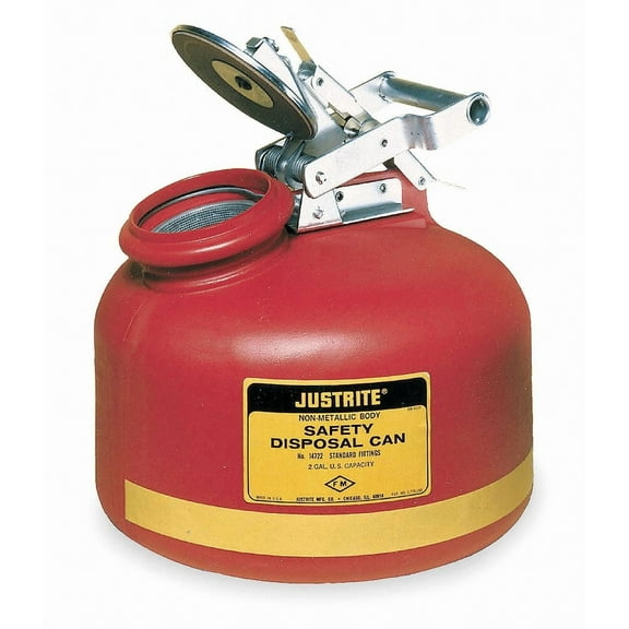 Justrite 14762 Safety Can For Liquid Disposal, S/s Hardware, 2 Gallon, Flame Arrester, Polyethylene, Red