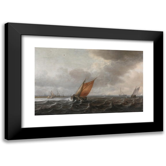 Justus de Verwer 14x11 Black Modern Framed Museum Art Print Titled - A&nbsp;River Estuary with Light Shipping in a Strong Breeze, a View of Haarlem Beyond