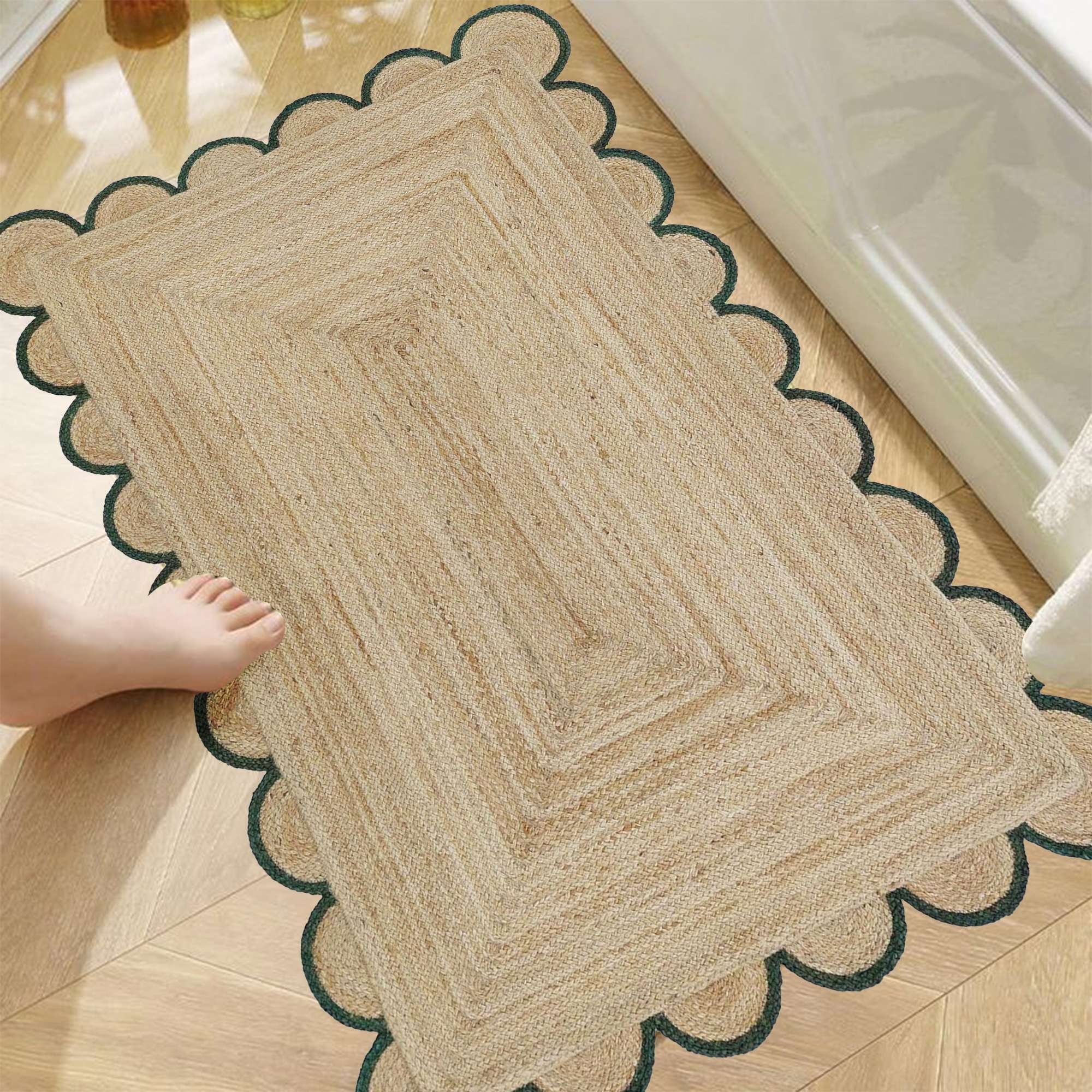 Jute Area Rug Carpet For Home And Living Room Décor Rectangular Scalloped Natural Jute Area Rug Green 2'6" x 10' BY KALVEERA