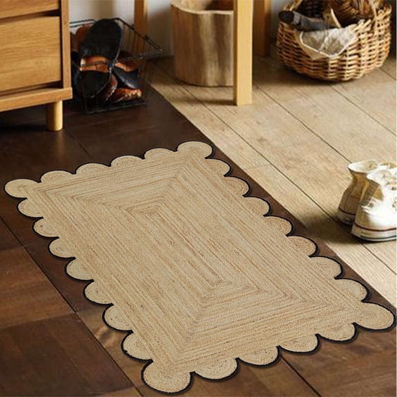 Jute Area Rug For Home And Living Room Décor Rectangular Scalloped Natural Jute Area Rug Carpet Black 2' x 16' BY KALVEERA