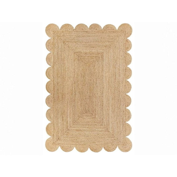 Jute Area Rug For Home And Living Room Décor Rectangular Scalloped Natural Jute Area Rug Carpet Natural 2' x 3' BY KALVEERA